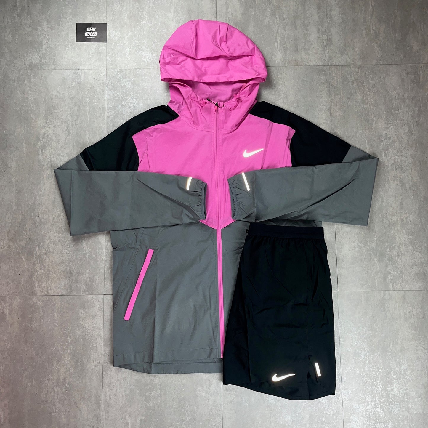 Nike Windrunner Jacket Playful Pink & Black Flex Stride Shorts Set