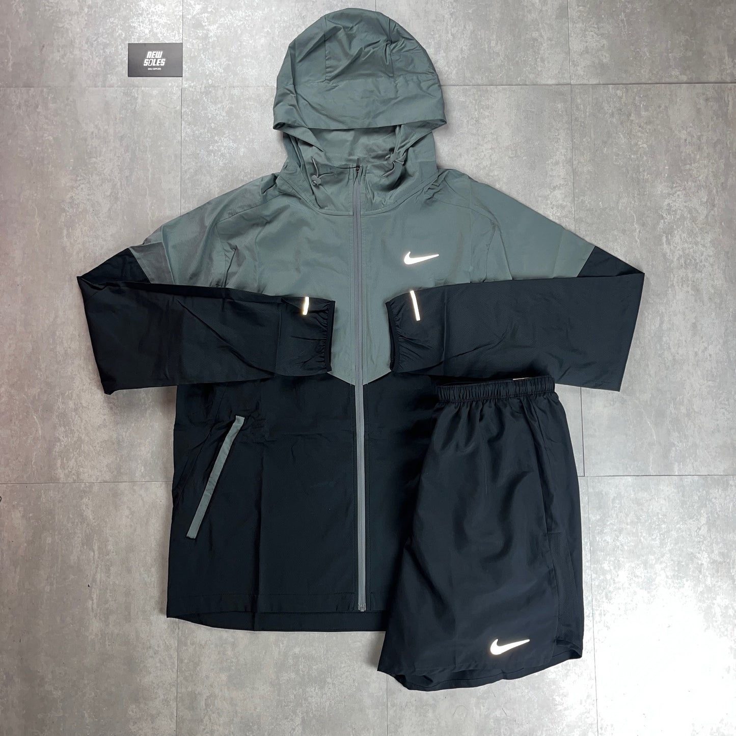 Nike Windrunner Jacket Black/Grey & Black Challenger Shorts Set