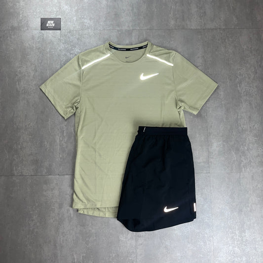 Nike Miler 1.0 T-Shirt Olive Aura & Black Flex Stride Shorts Set
