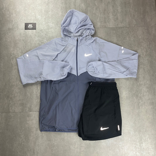 Nike Windrunner Jacket Ghost/World Indigo & Black Flex Stride Shorts Set