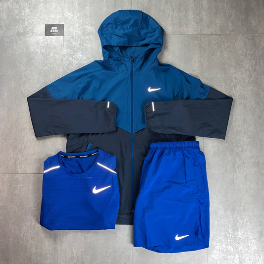 Nike Windrunner Jacket Thunder Blue & Miler T-Shirt/Challenger Short Royal Blue Bundle Set