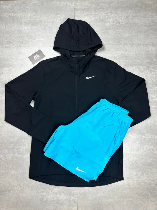 Nike Run Stripe Windrunner & Challenger Shorts Set 'Black/Baltic Blue'