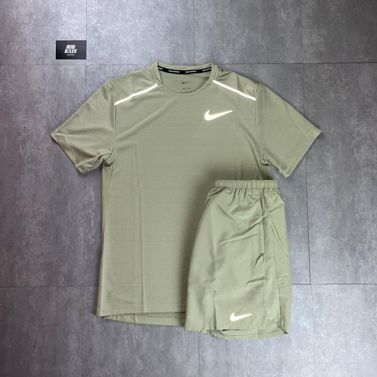 Nike Miler 1.0 T-Shirt Olive Aura & Olive Aura Challenger Shorts Set