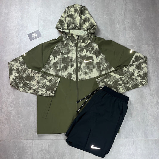 Nike Repel Miler Windrunner Jacket Khaki Camo & Black Flex Stride Shorts Set